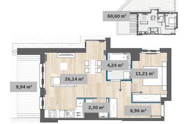 Rzut - Mieszkanie na sprzedaż 2 pokoje o powierzchni 52,82 m² - numer F1.E.00.04 w Sady Żoliborz