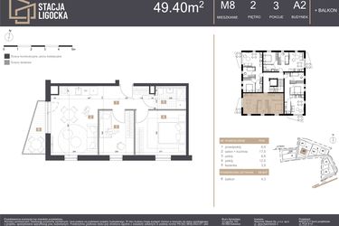 Rzut - Mieszkanie na sprzedaż 3 pokoje o powierzchni 49,4 m² - numer A2_M8 w Stacja Ligocka