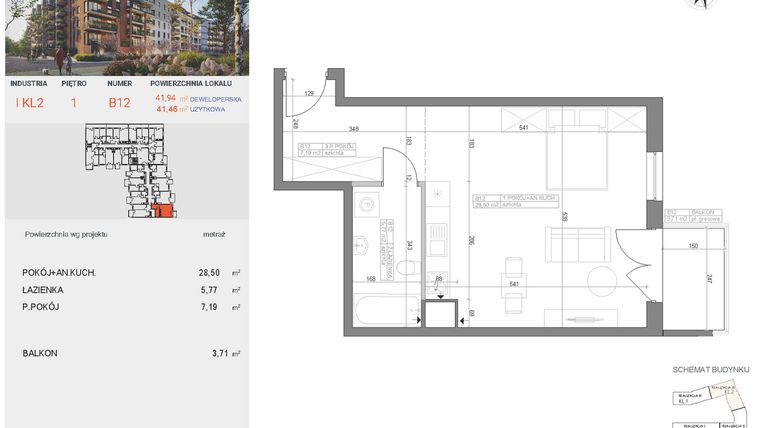 Rzut - Mieszkanie na sprzedaż 1 pokój o powierzchni 41,46 m² - numer I-B12 w Industria etap I-B
