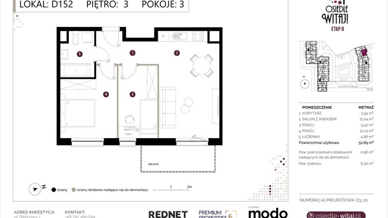 Rzut - Mieszkanie na sprzedaż 3 pokoje o powierzchni 53,85 m² - numer D152 w Osiedle Witaj etap II