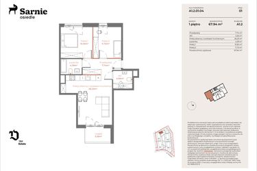 Rzut - Mieszkanie na sprzedaż 3 pokoje o powierzchni 67,94 m² - numer A1.2-01.04 w Sarnie Osiedle