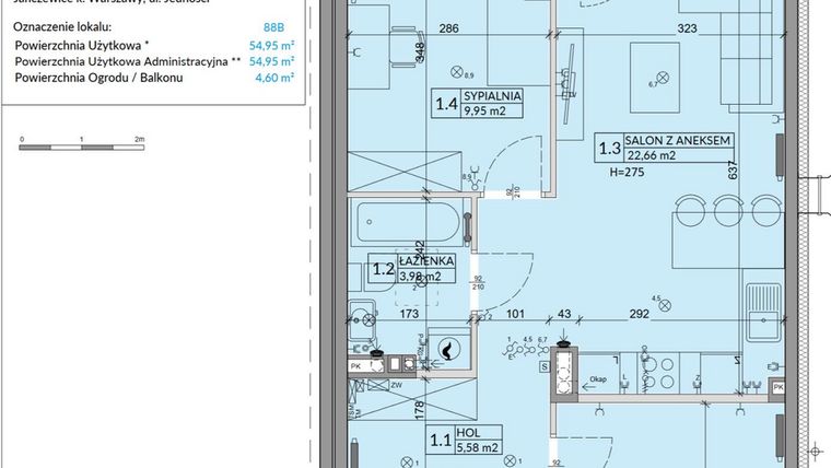 Rzut - Mieszkanie na sprzedaż 3 pokoje o powierzchni 54,95 m² - numer 88B w Osiedle Młodych etap VI