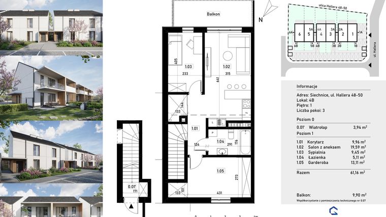 Rzut - Mieszkanie na sprzedaż 3 pokoje o powierzchni 61,16 m² - numer 4b w Przystań Siechnice