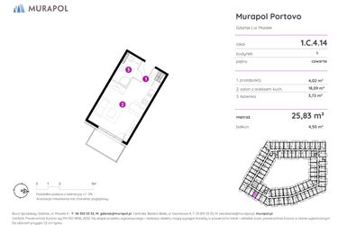 Rzut - Mieszkanie na sprzedaż 1 pokój o powierzchni 25,82 m² - numer 1.C.4.14 w Murapol Portovo etap II