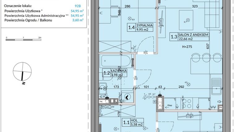 Rzut - Mieszkanie na sprzedaż 3 pokoje o powierzchni 54,95 m² - numer 92B w Osiedle Młodych etap VI