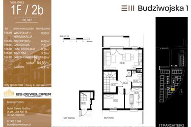 Rzut - Mieszkanie na sprzedaż 3 pokoje o powierzchni 54,53 m² - numer 1F/2b w Budziwojska 3
