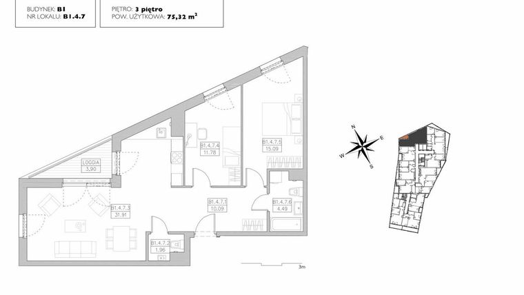 Rzut - Mieszkanie na sprzedaż 3 pokoje o powierzchni 75,32 m² - numer B1.4.7 w Alvarium 2.0