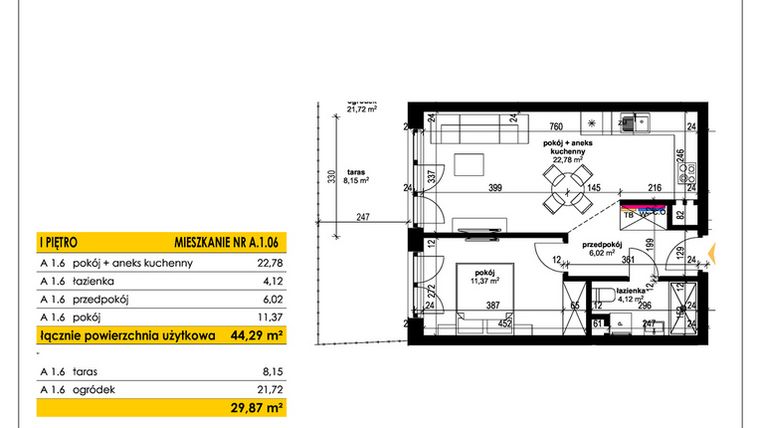Rzut - Mieszkanie na sprzedaż 2 pokoje o powierzchni 44,29 m² - numer A 1.06 w Park Moniuszki II C