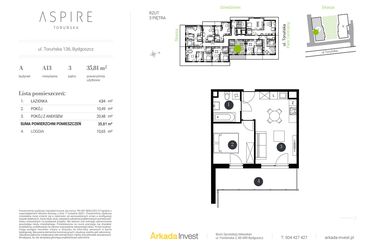 Rzut - Mieszkanie na sprzedaż 2 pokoje o powierzchni 35,81 m² - numer A.13 w Aspire