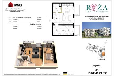 Rzut - Mieszkanie na sprzedaż 2 pokoje o powierzchni 45,24 m² - numer M  21 w Apartamenty Róża