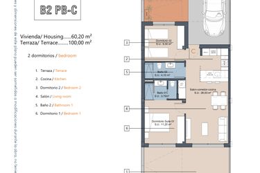 Rzut - Mieszkanie na sprzedaż 2 pokoje o powierzchni 60,2 m² - numer 2.0.C w LA Sunrise - Los Alcázares