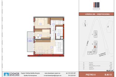 Rzut - Mieszkanie na sprzedaż 3 pokoje o powierzchni 63,63 m² - numer B.M.13 w Łódzka Osiedle