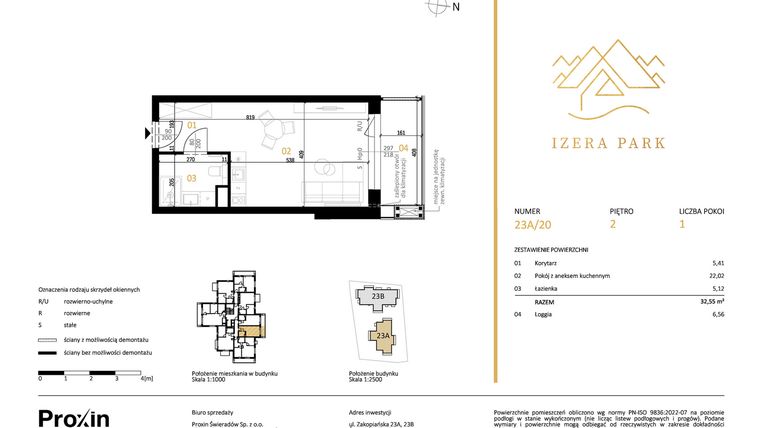 Rzut - Mieszkanie na sprzedaż 1 pokój o powierzchni 32,55 m² - numer 23A/20 w Izera Park