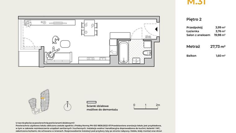 Rzut - Mieszkanie na sprzedaż 1 pokój o powierzchni 27,73 m² - numer M31 w Baja Piaśniki
