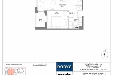 Rzut - Mieszkanie na sprzedaż 2 pokoje o powierzchni 37,59 m² - numer 1M03 w Początek Piątkowo bud. I