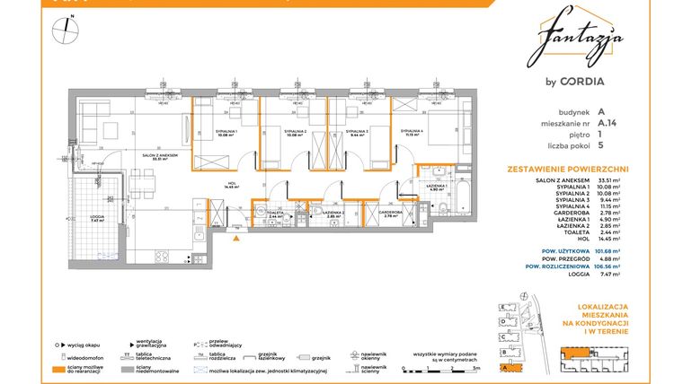 Rzut - Mieszkanie na sprzedaż 5 pokoi o powierzchni 106,76 m² - numer A.14 w Fantazja