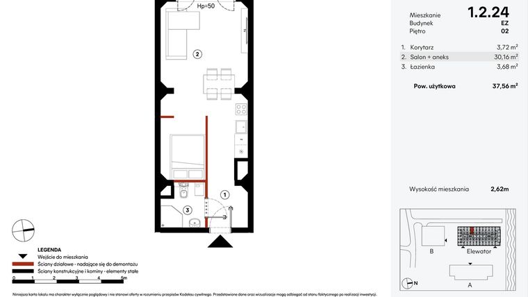 Rzut - Mieszkanie na sprzedaż 1 pokój o powierzchni 37,56 m² - numer EZ.1.2.24 w Elewator - Mieszkania i Lofty