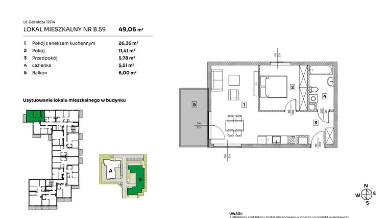 Rzut - Mieszkanie na sprzedaż 2 pokoje o powierzchni 49,06 m² - numer B.59 w Parkove Love