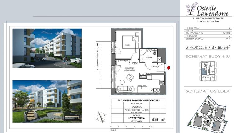 Rzut - Mieszkanie na sprzedaż 3 pokoje o powierzchni 37,85 m² - numer C2 w Osiedle Lawendowe