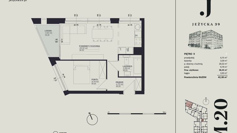 Rzut - Mieszkanie na sprzedaż 2 pokoje o powierzchni 38,45 m² - numer M.20 w Jeżycka 39