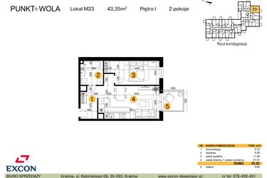 Rzut - Mieszkanie na sprzedaż 2 pokoje o powierzchni 43,35 m² - numer M23 w Punkt Wola