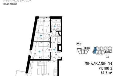 Rzut - Mieszkanie na sprzedaż 3 pokoje o powierzchni 62,5 m² - numer 6A.13 w Parkowa 6AC - ETAP III