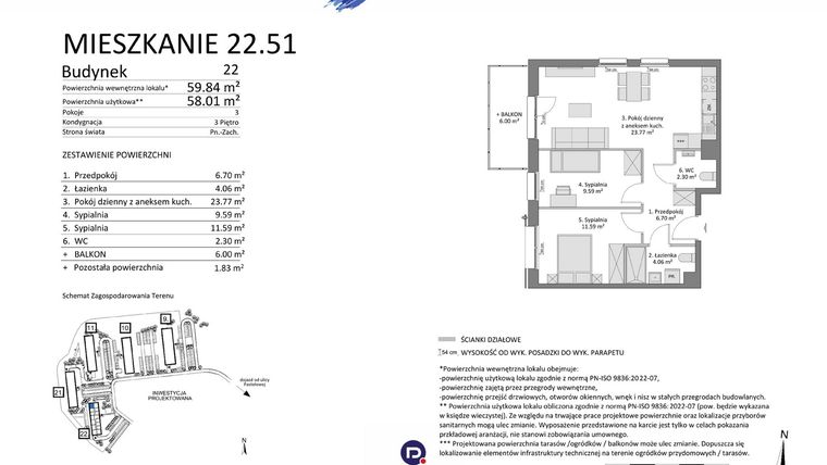 Rzut - Mieszkanie na sprzedaż 3 pokoje o powierzchni 58,01 m² - numer 22.51 w Osiedle Pastelowe etap IV