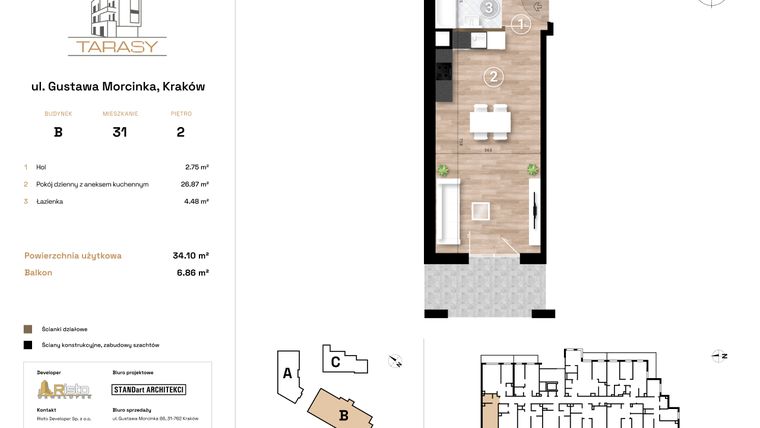 Rzut - Mieszkanie na sprzedaż 1 pokój o powierzchni 34,1 m² - numer B31 w Krzesławickie Tarasy