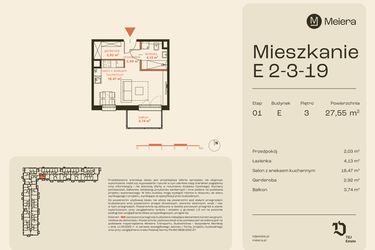 Rzut - Mieszkanie na sprzedaż 1 pokój o powierzchni 27,55 m² - numer E2-3-19 w Osiedle Meiera