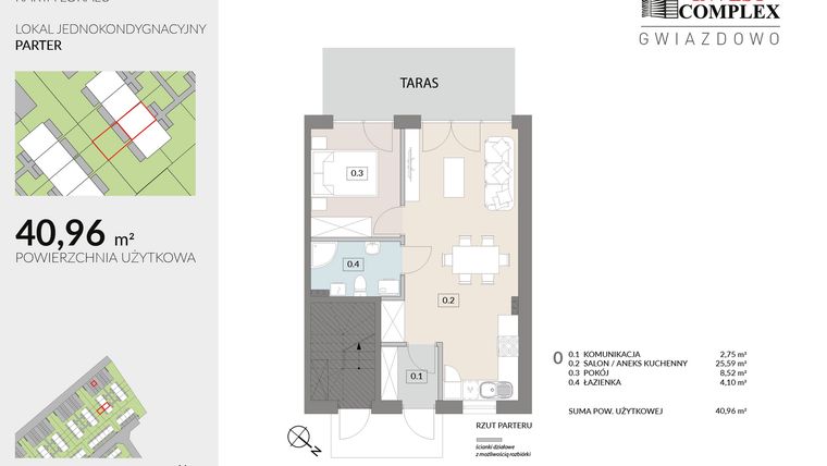 Rzut - Mieszkanie na sprzedaż 2 pokoje o powierzchni 40,96 m² - numer A59.1 w Osiedle Gwiazdowo etap 6B