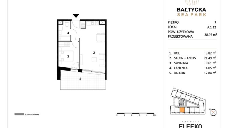 Rzut - Mieszkanie na sprzedaż 2 pokoje o powierzchni 38,97 m² - numer A.1.12 w Bałtycka Sea Park