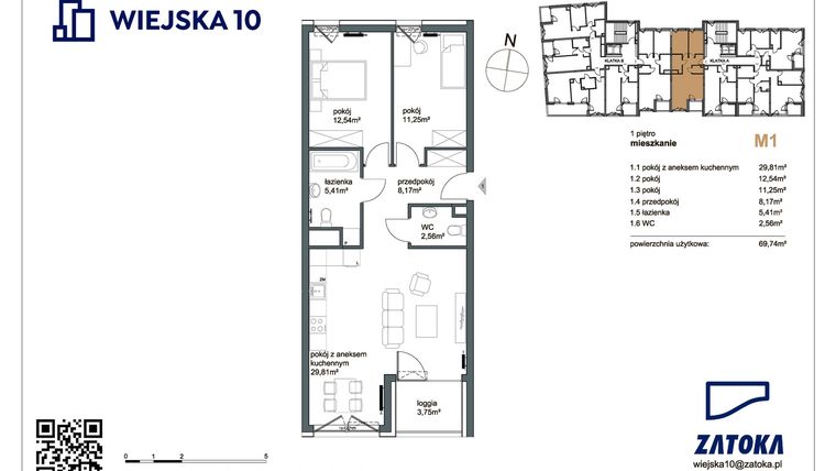 Rzut - Mieszkanie na sprzedaż 3 pokoje o powierzchni 69,74 m² - numer M1 w Wiejska 10