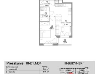Rzut - Mieszkanie na sprzedaż 2 pokoje o powierzchni 40,48 m² - numer III-B1.M34 w Strefa Cegielnia 3