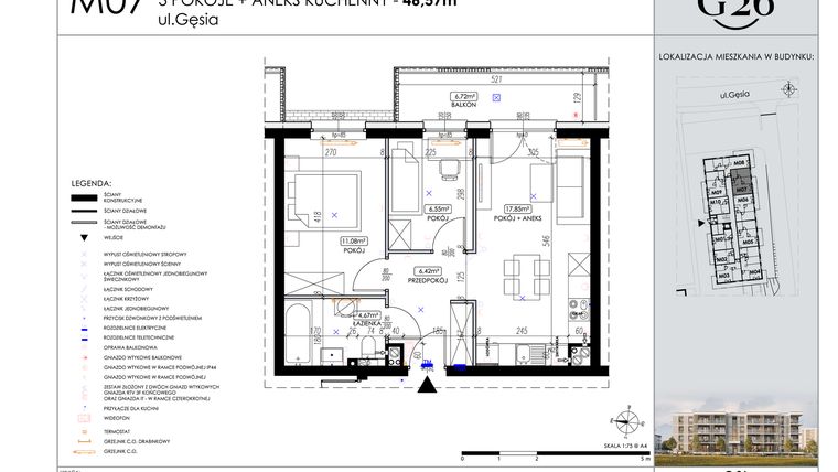Rzut - Mieszkanie na sprzedaż 3 pokoje o powierzchni 46,57 m² - numer 7 w Gęsia 26
