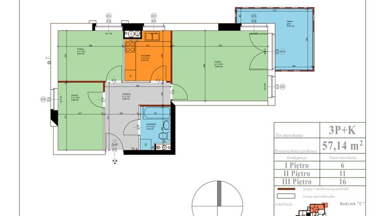 Rzut - Mieszkanie na sprzedaż 3 pokoje o powierzchni 57,14 m² - numer C16 w Osiedle Lecha