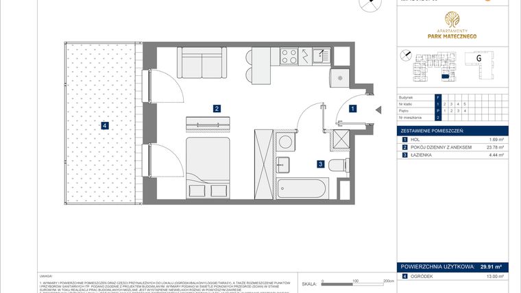 Rzut - Mieszkanie na sprzedaż 1 pokój o powierzchni 29,91 m² - numer F-2 w Apartamenty Park Matecznego Etap 2