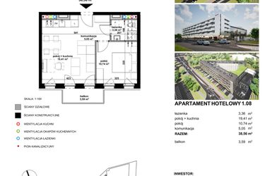 Rzut - Mieszkanie na sprzedaż 2 pokoje o powierzchni 38,4 m² - numer 1.08 w Apartamentowiec Zwycięska 3 - inwestycyjne