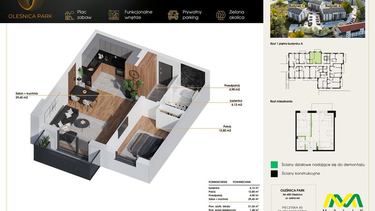 Rzut - Mieszkanie na sprzedaż 2 pokoje o powierzchni 52,84 m² - numer M11 w Oleśnica Park