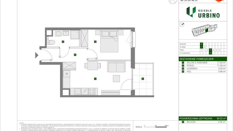 Rzut - Mieszkanie na sprzedaż 2 pokoje o powierzchni 38,53 m² - numer 5.1.A.16 w Osiedle Urbino etap 5