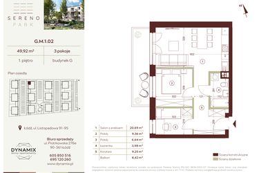 Rzut - Mieszkanie na sprzedaż 3 pokoje o powierzchni 49,92 m² - numer G.M.1.02 w Sereno Park