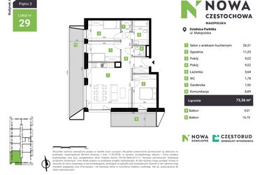 Rzut - Mieszkanie na sprzedaż 4 pokoje o powierzchni 73,36 m² - numer A29 w Nowa Częstochowa Małopolska