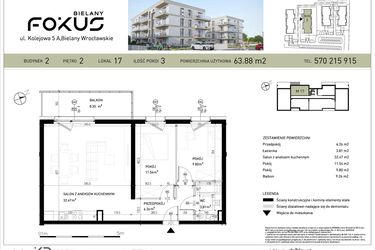 Rzut - Mieszkanie na sprzedaż 3 pokoje o powierzchni 63,88 m² - numer B2-17 w Fokus Bielany