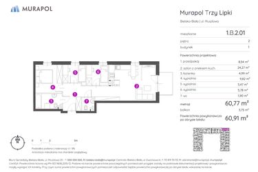 Rzut - Mieszkanie na sprzedaż 4 pokoje o powierzchni 60,91 m² - numer 1.B.2.01 w Murapol Trzy Lipki