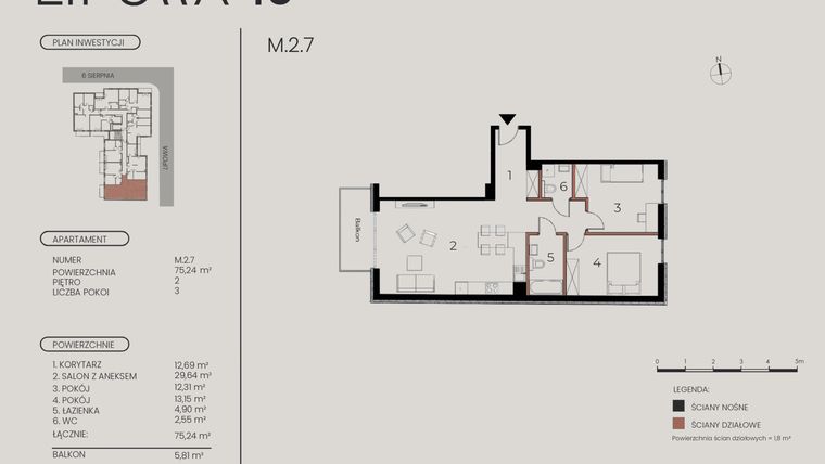 Rzut - Mieszkanie na sprzedaż 3 pokoje o powierzchni 75,24 m² - numer M.2.7 w Lipowa 43