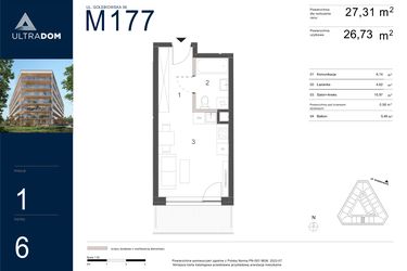 Rzut - Mieszkanie na sprzedaż 1 pokój o powierzchni 27,31 m² - numer M177 w Ultradom