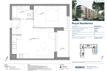 Rzut - Mieszkanie na sprzedaż 2 pokoje o powierzchni 40,07 m² - numer RR/6A/D/1/3 w Royal Residence 6A