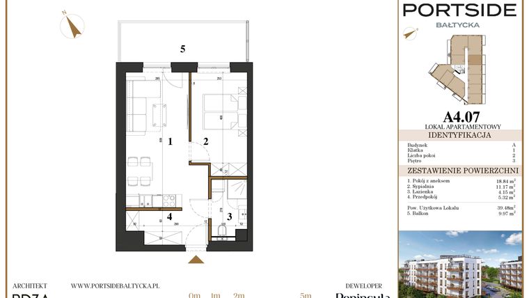 Rzut - Mieszkanie na sprzedaż 2 pokoje o powierzchni 39,48 m² - numer A4.07 w Portside Bałtycka
