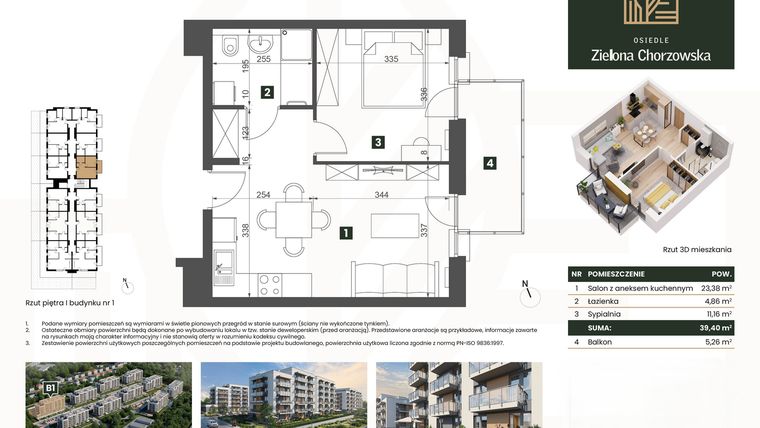 Rzut - Mieszkanie na sprzedaż 2 pokoje o powierzchni 39,4 m² - numer B1.M6 w Osiedle Zielona Chorzowska