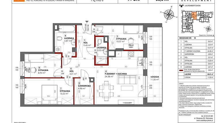 Rzut - Mieszkanie na sprzedaż 4 pokoje o powierzchni 86,61 m² - numer M55 w Apartamenty przy lesie