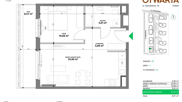 Rzut - Mieszkanie na sprzedaż 2 pokoje o powierzchni 43,76 m² - numer B2-35 w Forma Otwarta etap II